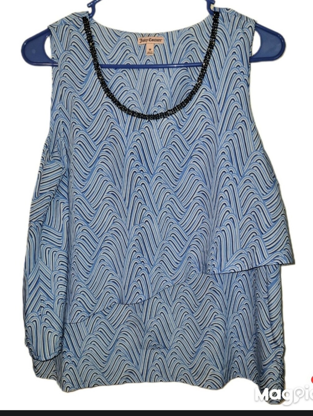 Juicy Couture Blue Swirl Layered Crystal Accents Cap Sleeve Med Blouse Designer